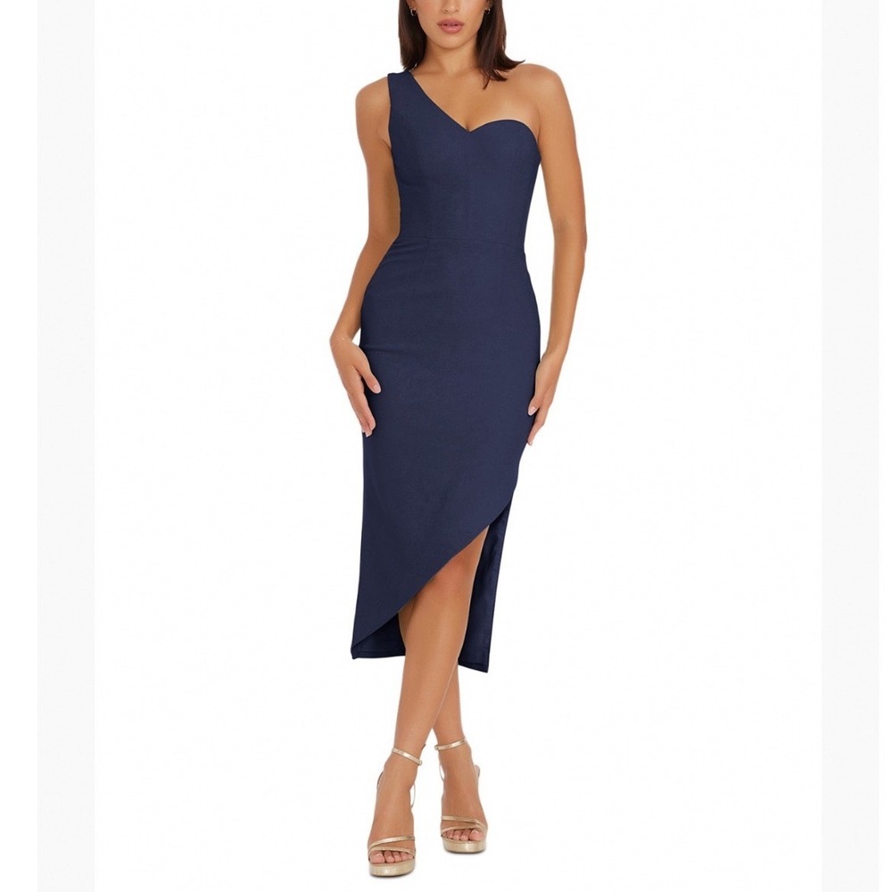 Dress the Population Magnolia Asymmetric One Shoulder Midi Dress Teal Blue Small